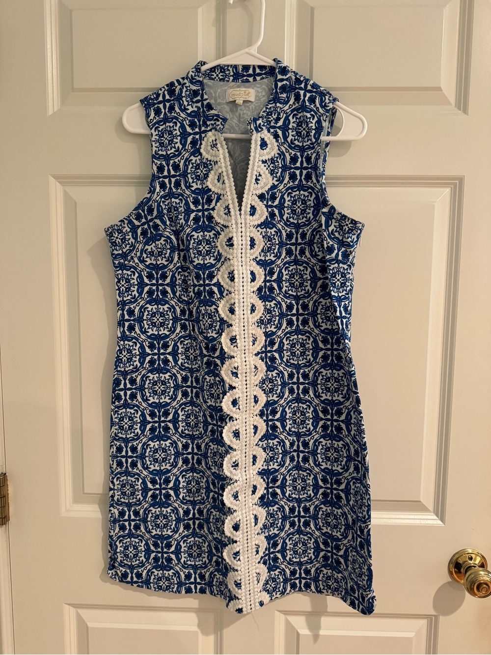 Mud Pie Blue & White Crocheted-Trim Sleeveless Shift Dress